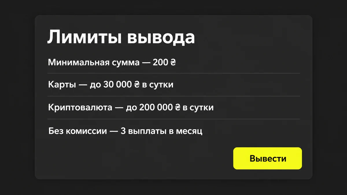 Лимиты вывода средств Parik24: минимум 200 ₴, суточные лимиты для карт и крипты